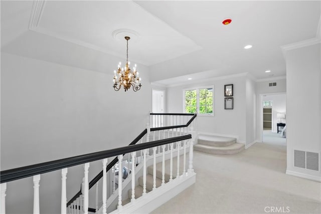 7 Belmont, Newport Beach, CA 92660 - hallway featuring an upstairs landing, recessed lighting, ornamental molding, carpet flooring, and a chandelier