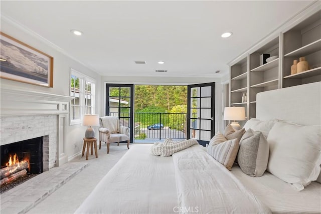 7 Belmont, Newport Beach, CA 92660 - carpeted bedroom featuring crown molding, a brick fireplace, recessed lighting, and access to outside