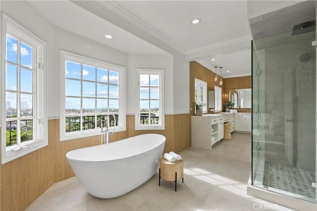 7 Belmont, Newport Beach, CA 92660 - bathroom featuring wooden walls, vanity, a stall shower, a wainscoted wall, and a freestanding tub
