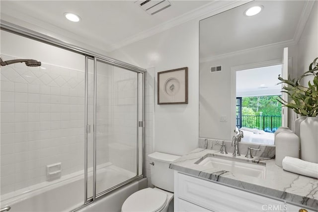 7 Belmont, Newport Beach, CA 92660 - bathroom featuring vanity, combined bath / shower with glass door, ornamental molding, ensuite bath, and recessed lighting