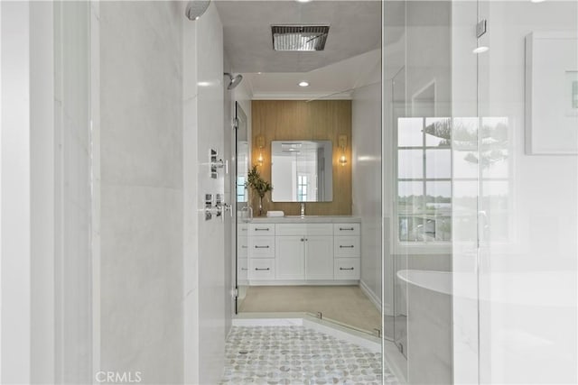 7 Belmont, Newport Beach, CA 92660 - full bathroom featuring vanity, a shower stall, and a soaking tub