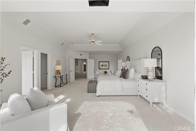 7 Belmont, Newport Beach, CA 92660 - bedroom featuring light colored carpet, ornamental molding, and a ceiling fan
