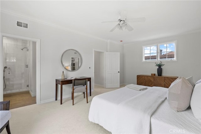 7 Belmont, Newport Beach, CA 92660 - bedroom with ornamental molding, light colored carpet, a ceiling fan, and ensuite bath