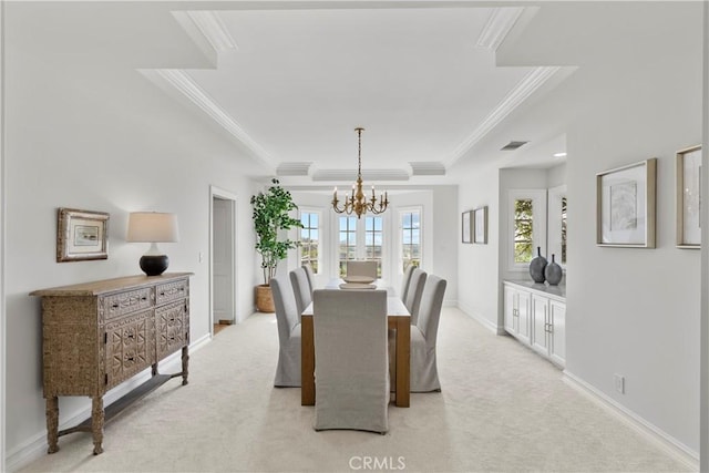 7 Belmont, Newport Beach, CA 92660 - dining space featuring crown molding, a chandelier, light carpet, and a raised ceiling