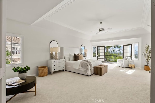 7 Belmont, Newport Beach, CA 92660 - bedroom featuring a tray ceiling, carpet flooring, a ceiling fan, and crown molding