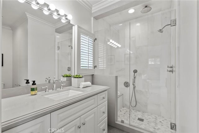 7 Belmont, Newport Beach, CA 92660 - bathroom with crown molding, vanity, and a marble finish shower