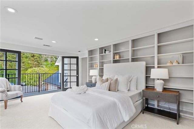 7 Belmont, Newport Beach, CA 92660 - bedroom featuring carpet floors, access to outside, recessed lighting, and ornamental molding