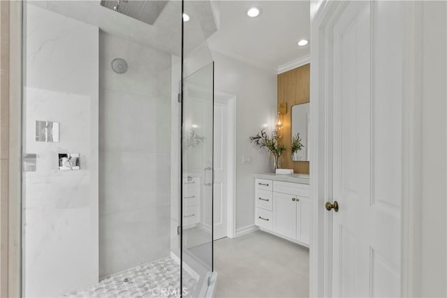 7 Belmont, Newport Beach, CA 92660 - full bathroom with a marble finish shower, vanity, ornamental molding, and recessed lighting