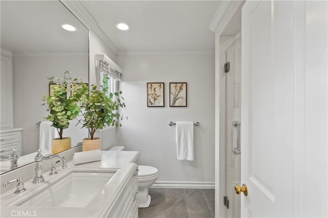 7 Belmont, Newport Beach, CA 92660 - full bath featuring vanity, ornamental molding, a shower with door, recessed lighting, and marble look tiles