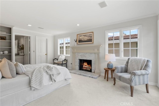 7 Belmont, Newport Beach, CA 92660 - bedroom featuring ornamental molding, a brick fireplace, carpet, and recessed lighting