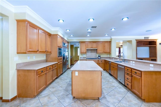 14145 Prairie Creek Pl, Eastvale, CA 92880 - kitchen with appliances with stainless steel finishes, a peninsula, ornamental molding, a center island, and light stone counters