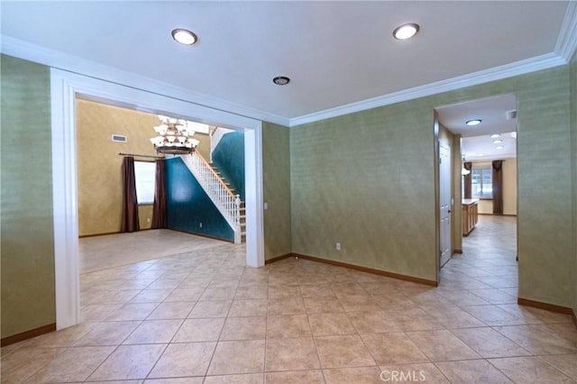 14145 Prairie Creek Pl, Eastvale, CA 92880 - unfurnished room with a chandelier, wallpapered walls, crown molding, and light tile patterned floors