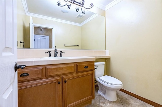 14145 Prairie Creek Pl, Eastvale, CA 92880 - half bathroom with vanity, ornamental molding, and tile patterned flooring