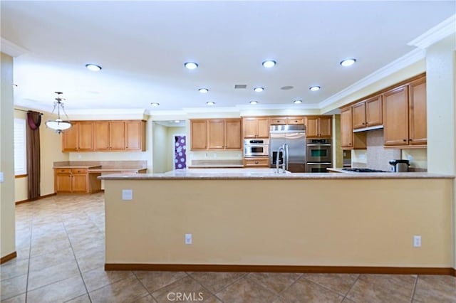 14145 Prairie Creek Pl, Eastvale, CA 92880 - kitchen with stainless steel appliances, ornamental molding, a peninsula, recessed lighting, and light stone counters