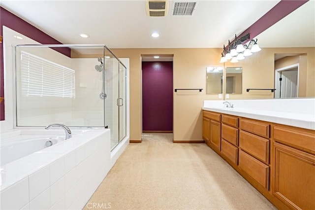 14145 Prairie Creek Pl, Eastvale, CA 92880 - full bath featuring a shower stall, a bath, double vanity, and recessed lighting