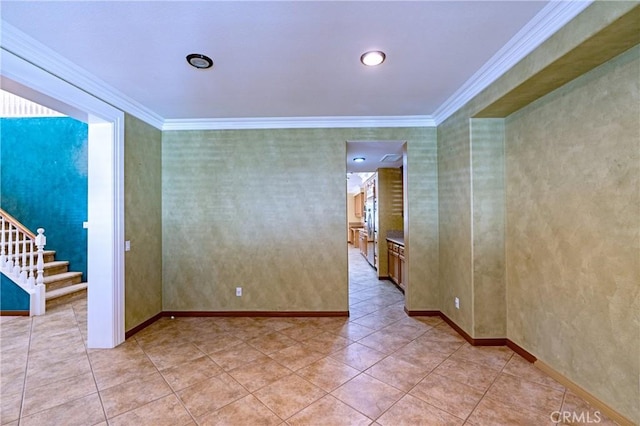14145 Prairie Creek Pl, Eastvale, CA 92880 - unfurnished room featuring crown molding, wallpapered walls, stairway, and light tile patterned floors