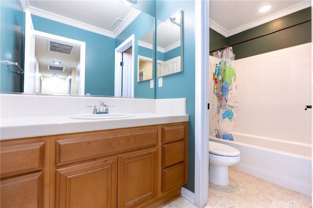 14145 Prairie Creek Pl, Eastvale, CA 92880 - full bathroom with vanity, ornamental molding, and shower / bath combo with shower curtain