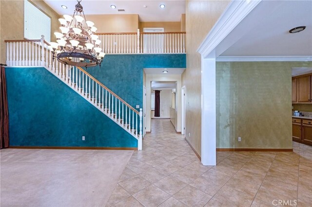 14145 Prairie Creek Pl, Eastvale, CA 92880 - stairs featuring a chandelier, tile patterned floors, crown molding, and recessed lighting