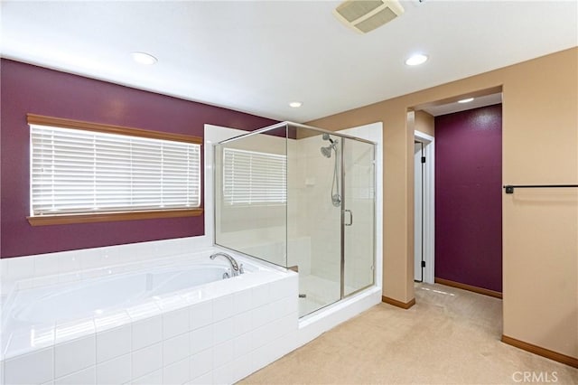 14145 Prairie Creek Pl, Eastvale, CA 92880 - bathroom with a bath, a stall shower, and recessed lighting