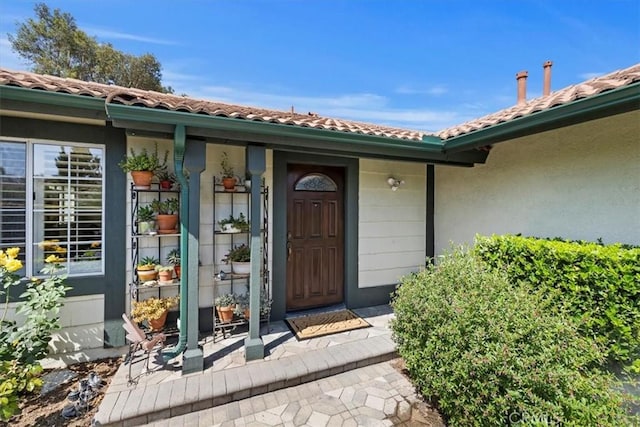 6807 Wilding Pl, Riverside, CA 92506 - view of exterior entry featuring stucco siding and a tiled roof
