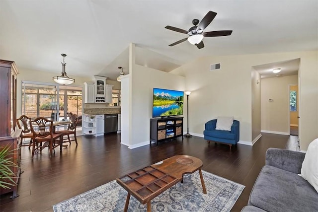6807 Wilding Pl, Riverside, CA 92506 - living room with dark wood-type flooring, ceiling fan, and lofted ceiling