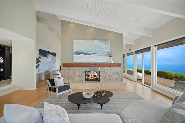 32131 Sea Island Dr, Dana Point, CA 92629 - living room featuring wood finished floors, a multi sided fireplace, a wooden ceiling with exposed beams, and high vaulted ceiling