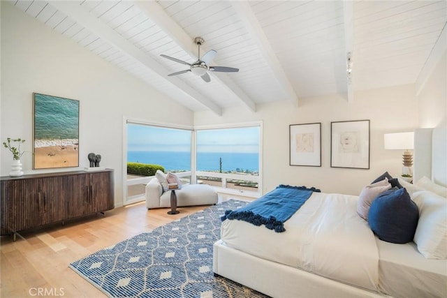32131 Sea Island Dr, Dana Point, CA 92629 - bedroom with wood finished floors, a water view, wood ceiling, and ceiling fan