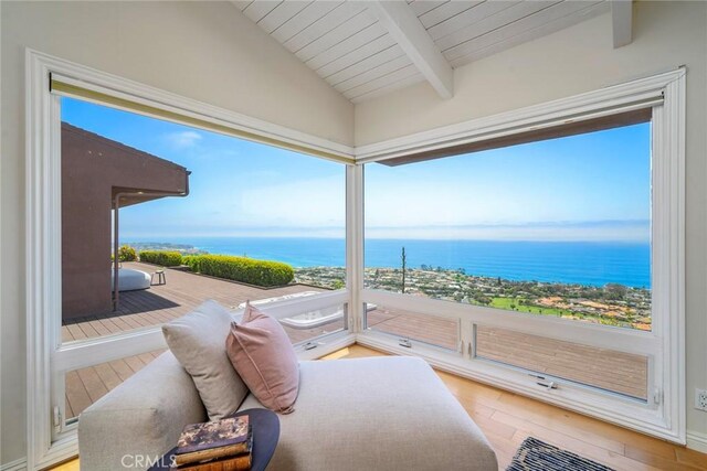 32131 Sea Island Dr, Dana Point, CA 92629 - interior space featuring wood finished floors, a water view, healthy amount of natural light, and wooden ceiling