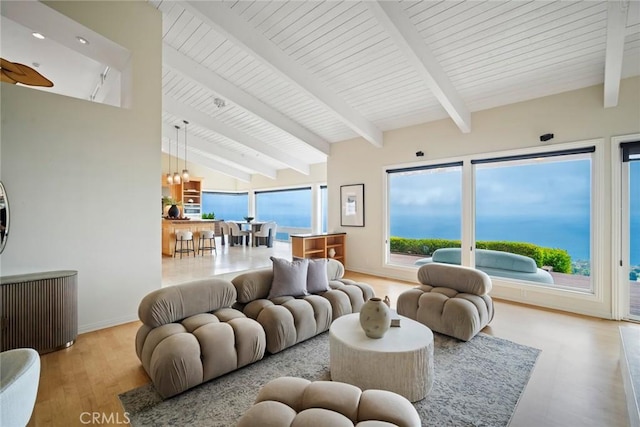 32131 Sea Island Dr, Dana Point, CA 92629 - living room featuring wood finished floors, beamed ceiling, and high vaulted ceiling