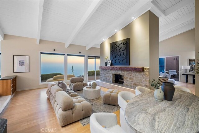 32131 Sea Island Dr, Dana Point, CA 92629 - living area featuring a fireplace, wood finished floors, and wooden ceiling