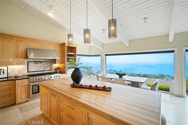 32131 Sea Island Dr, Dana Point, CA 92629 - kitchen featuring range hood, high end stainless steel range, butcher block counters, backsplash, and pendant lighting