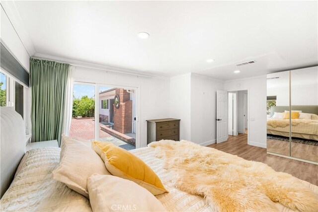 1707 Gay Park Way, Hacienda Heights, CA 91745 - bedroom featuring crown molding, access to outside, multiple windows, wood finished floors, and recessed lighting