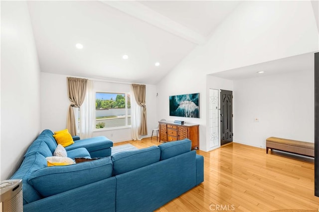 1707 Gay Park Way, Hacienda Heights, CA 91745 - living area featuring beamed ceiling, light wood-style flooring, high vaulted ceiling, and recessed lighting