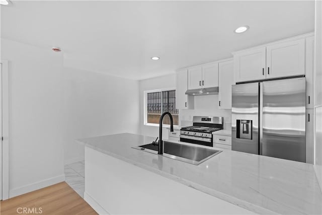 9019 Cedros Ave Unit 2, Panorama City, CA 91402 - kitchen featuring appliances with stainless steel finishes, under cabinet range hood, recessed lighting, white cabinets, and light stone counters