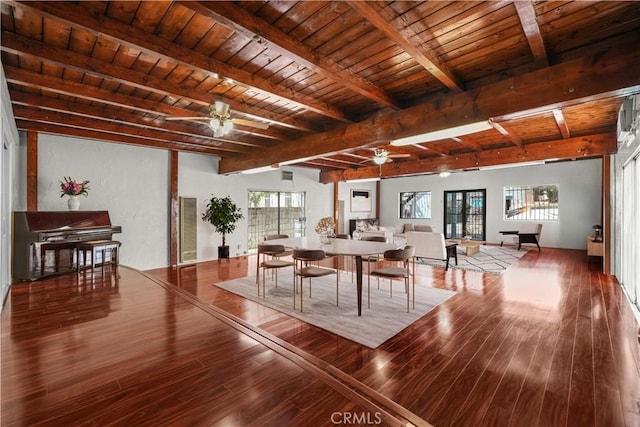 1067 N Wilton Pl, Los Angeles, CA 90038 - dining room with a ceiling fan, hardwood / wood-style floors, and a wood ceiling with exposed beams