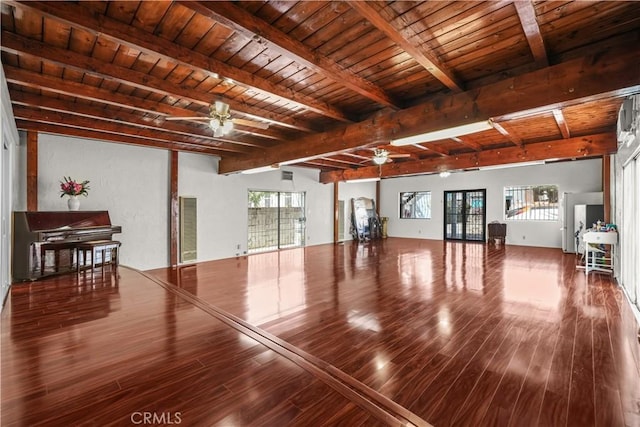 1067 N Wilton Pl, Los Angeles, CA 90038 - unfurnished living room with a ceiling fan, wood finished floors, and a wooden ceiling with exposed beams