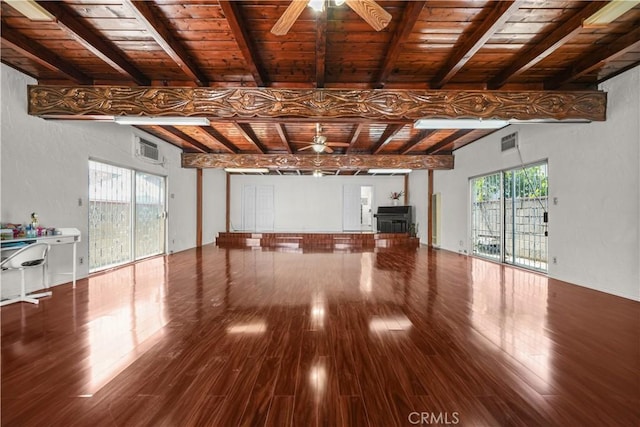 1067 N Wilton Pl, Los Angeles, CA 90038 - unfurnished living room with a ceiling fan, a wooden ceiling with exposed beams, wood finished floors, and a wall mounted AC