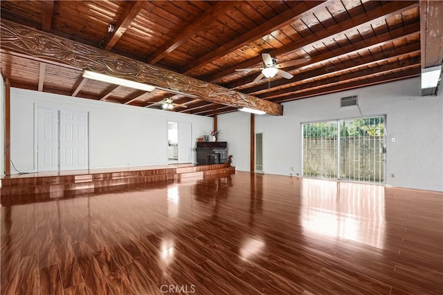 1067 N Wilton Pl, Los Angeles, CA 90038 - unfurnished living room with a ceiling fan, a wooden ceiling with exposed beams, and wood finished floors