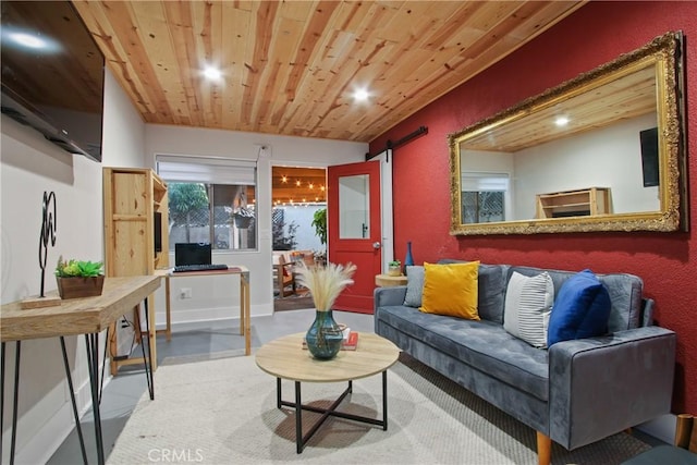 2283 Ximeno Ave, Long Beach, CA 90815 - living area featuring a desk, wooden ceiling, recessed lighting, concrete flooring, and a barn door