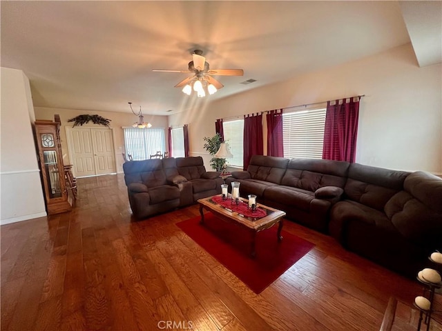 21509 Stage Dr, Tehachapi, CA 93561 - living room featuring ceiling fan and dark wood-style flooring