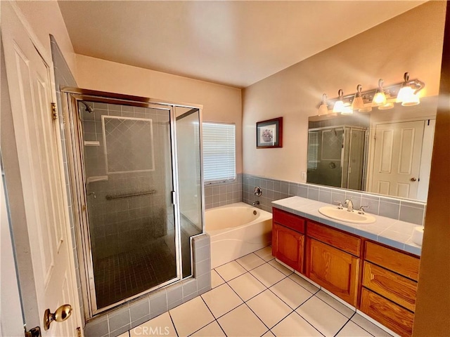 21509 Stage Dr, Tehachapi, CA 93561 - bathroom featuring tile patterned flooring, vanity, a garden tub, and a shower stall