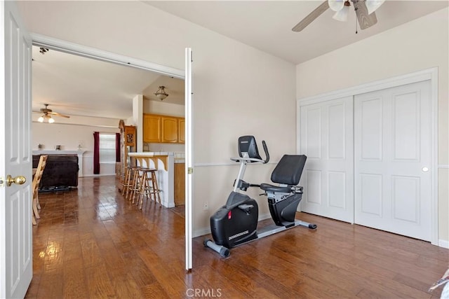 21509 Stage Dr, Tehachapi, CA 93561 - exercise area featuring a ceiling fan and hardwood / wood-style flooring