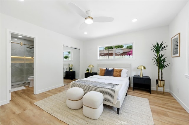 6119 Longridge Ave, Valley Glen, CA 91401 - bedroom with light wood finished floors, recessed lighting, connected bathroom, a closet, and ceiling fan
