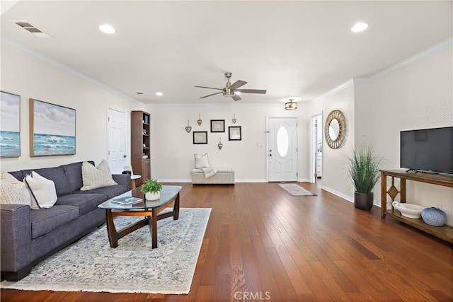 5066 N Nearglen Ave, Covina, CA 91724 - living room with ceiling fan, ornamental molding, dark wood finished floors, and recessed lighting