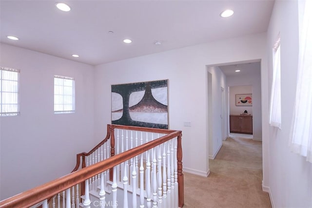15681 Canon Ln, Chino Hills, CA 91709 - hallway with recessed lighting, light carpet, and an upstairs landing