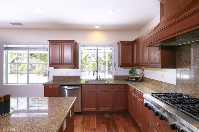 15681 Canon Ln, Chino Hills, CA 91709 - kitchen featuring premium range hood, stainless steel appliances, recessed lighting, dark wood-style flooring, and stone counters