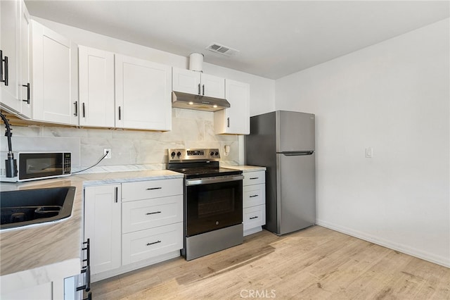 342 Rio Vista Ct, Corning, CA 96021 - kitchen featuring stainless steel appliances, under cabinet range hood, light wood-style floors, backsplash, and white cabinetry