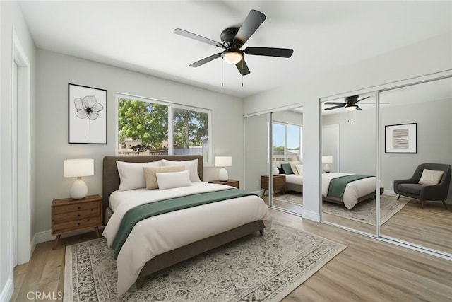 1717 Norval St, Pomona, CA 91766 - bedroom with multiple closets, light wood-style flooring, and a ceiling fan