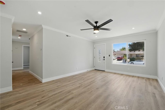 1717 Norval St, Pomona, CA 91766 - unfurnished living room featuring ornamental molding, light wood-style floors, ceiling fan, and recessed lighting