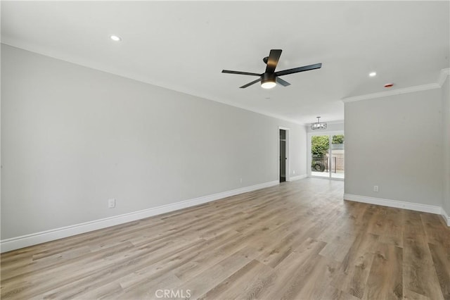 1717 Norval St, Pomona, CA 91766 - spare room with ceiling fan, ornamental molding, light wood-style floors, a chandelier, and recessed lighting